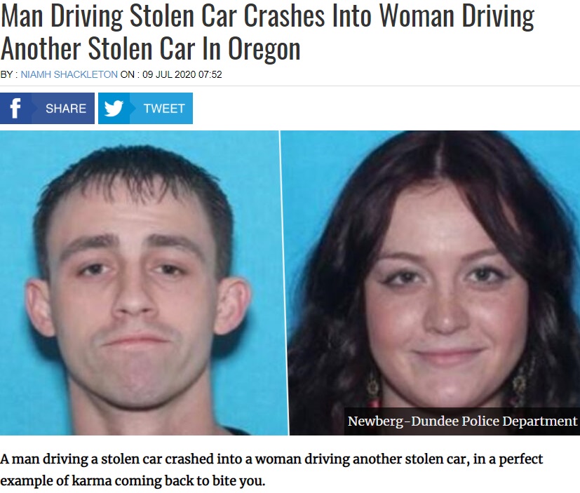 まとめて逮捕された2人の容疑者（画像は『UNILAD　2020年7月9日付「Man Driving Stolen Car Crashes Into Woman Driving Another Stolen Car In Oregon」（Newberg-Dundee Police Department）』のスクリーンショット）