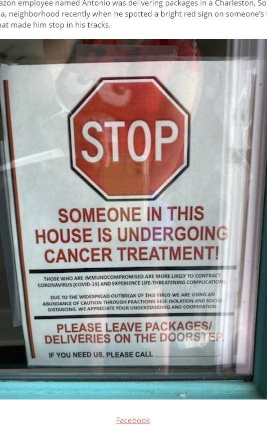 “がん患者がいます”と書かれたサイン（画像は『InspireMore.com　2020年7月23日付「Cancer Patient Gets Sweetest Delivery From Caring Amazon Driver.」（Facebook）』のスクリーンショット）