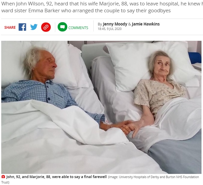 末期がんの92歳夫と同じ病院に入院していた88歳の妻（画像は『Mirror　2020年7月9日付「Elderly couple hold hands in hospital as they say final goodbye after 62 years of marriage」（Image: University Hospitals of Derby and Burton NHS Foundation Trust）』のスクリーンショット）