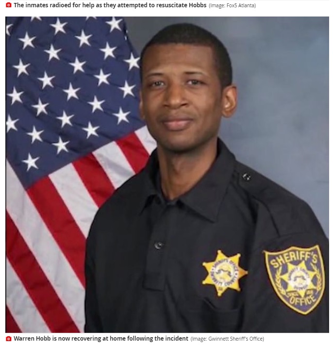 受刑者たちに救われたワレンさん（画像は『Mirror　2020年7月30日付「Moment heroic prisoners save police officer’s life as he suffers heart attack」（Image: Gwinnett County Sheriff’s Office）（Image: Fox5 Atlanta）』のスクリーンショット）