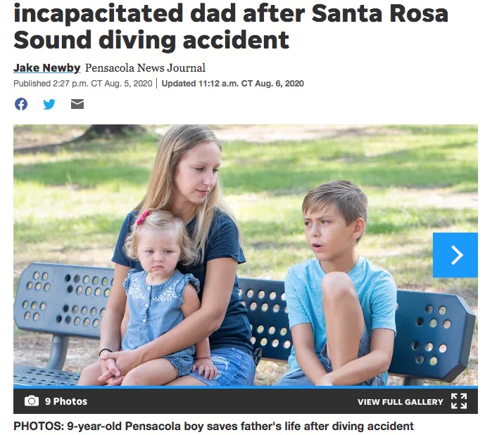 海で動けなくなった父親を救った少年（右）（画像は『Pensacola News Journal　2020年8月6日付「Pensacola 9-year-old rescues incapacitated dad after Santa Rosa Sound diving accident」』のスクリーンショット）