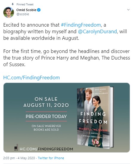 発売と同時に話題沸騰の伝記本『Finding Freedom』（画像は『Omid Scobie　2020年5月4日付Twitter「Excited to announce that ＃FindingFreedom, a biography written by myself and ＠CarolynDurand, will be available worldwide in August.」』のスクリーンショット）