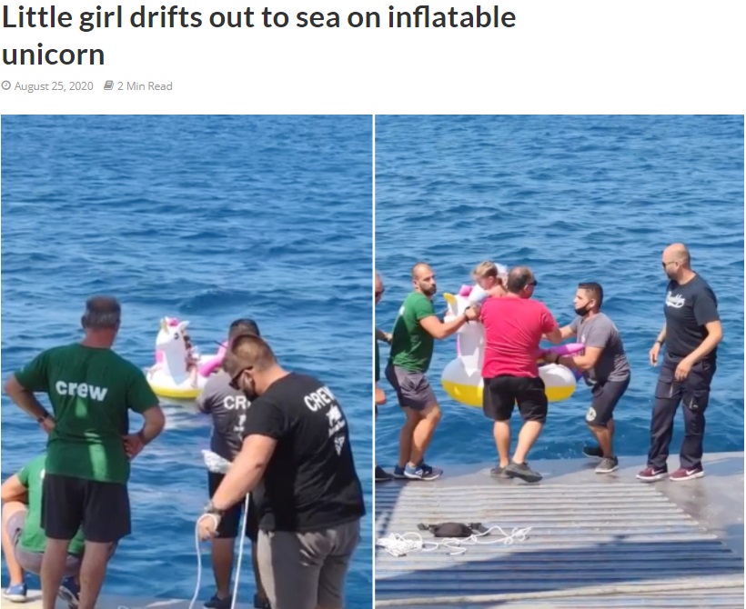 フェリーの船員によって救出された少女（画像は『KYR News　2020年8月25日付「Little girl drifts out to sea on inflatable unicorn」』のスクリーンショット）