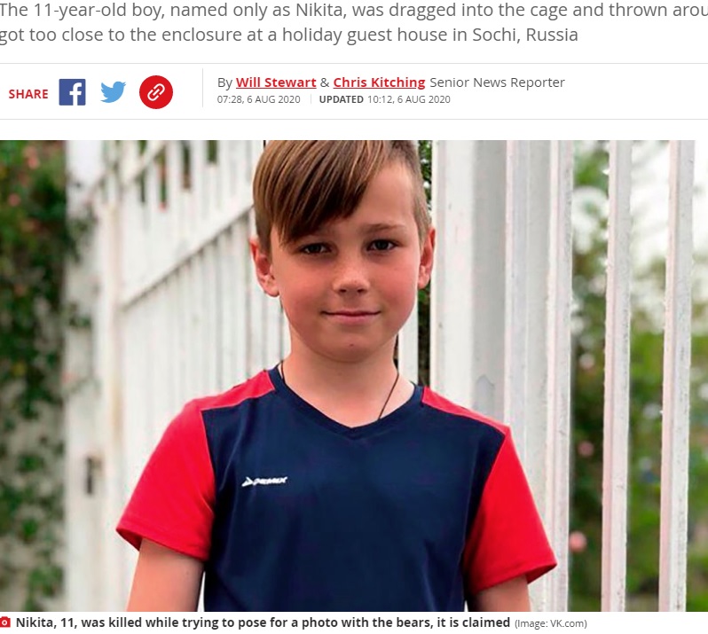 クマ2頭に襲われ亡くなった11歳男児（画像は『Mirror　2020年8月6日付「Boy, 11, mauled to death by bears after being dragged inside cage at holiday resort」（Image: VK.com）』のスクリーンショット）