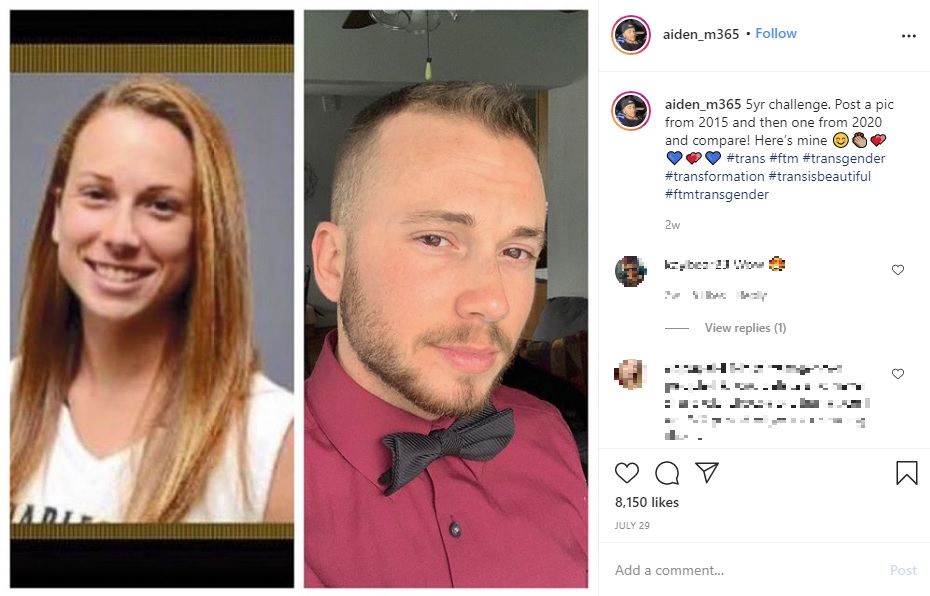 2015年（左）と5年後のトランスジェンダーの男性（画像は『Aiden Michael Mann　2020年7月29日付Instagram「5yr challenge.」』のスクリーンショット）