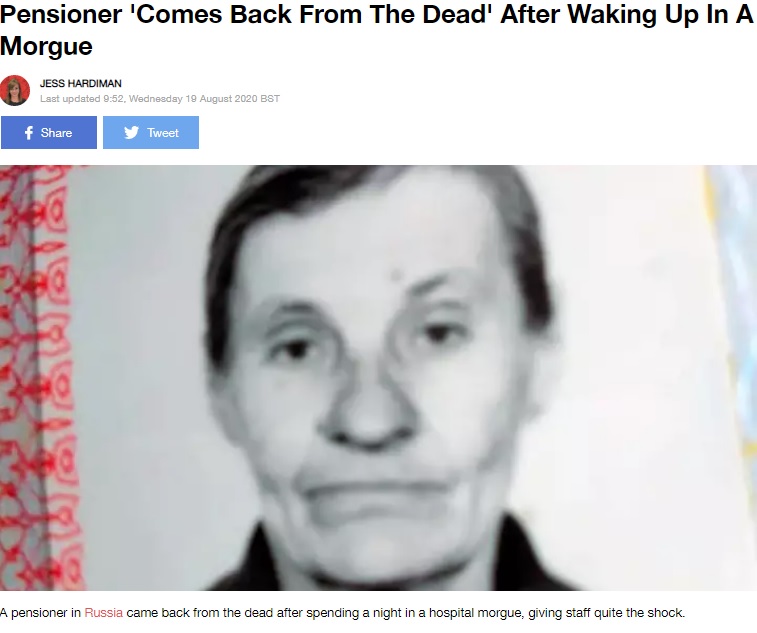 遺体安置室で息を吹き返した81歳女性（画像は『LADbible　2020年8月19日付「Pensioner ‘Comes Back From The Dead’ After Waking Up In A Morgue」（Credit: East 2 West News）』のスクリーンショット）