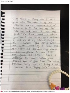 ポッピーちゃんからのメッセージ（画像は『Daily Star　2020年8月17日付「Family on caravan trip find heartwarming letter tucked away in hidden drawer」（Image: Facebook）』のスクリーンショット）