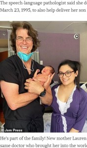 ローレンさん（右）とローガン君、親子二代の誕生の瞬間に立ち会ったコックス医師（画像は『Today News Post　2020年8月4日付「Doctor delivers new mom’s baby – 25 years after delivering her」』のスクリーンショット）