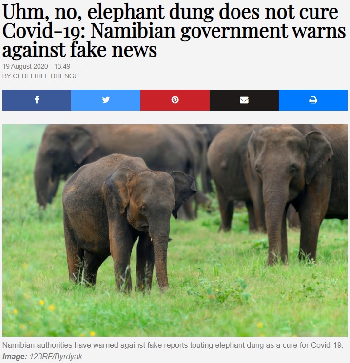 ナミビアでは象の糞の売買も！（画像は『TimesLIVE　2020年8月19日付「Uhm, no, elephant dung does not cure Covid-19: Namibian government warns against fake news」（Image: 123RF/Byrdyak）』のスクリーンショット）