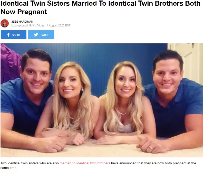 妊娠を発表した一卵性双生児同士の双子カップル（画像は『LADbible　2020年8月14日付「Identical Twin Sisters Married To Identical Twin Brothers Both Now Pregnant」』のスクリーンショット）