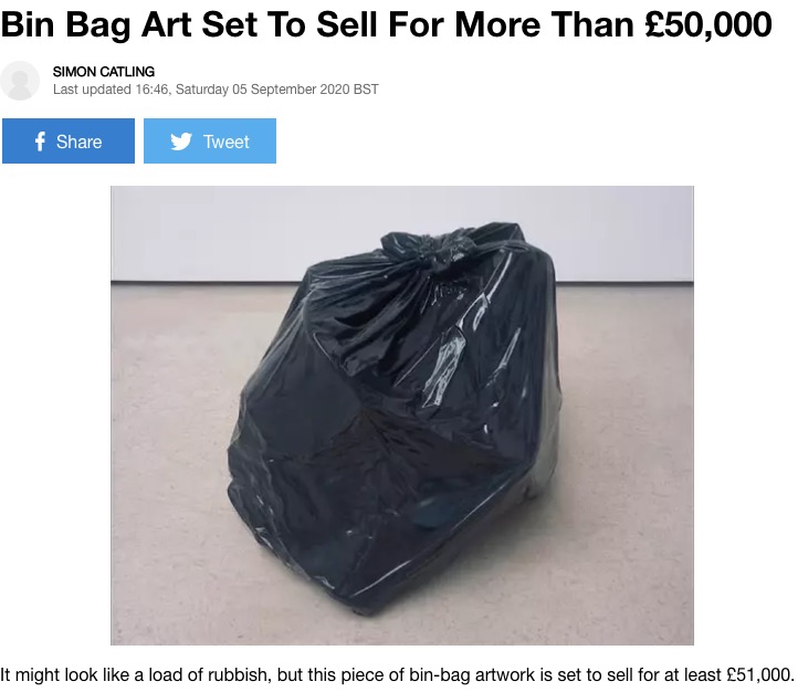 700万円以上の価値があるモダンアート（画像は『LADbible　2020年9月5日付「Bin Bag Art Set To Sell For More Than ￡50,000」（Credit: Phillips Auction House）』のスクリーンショット）