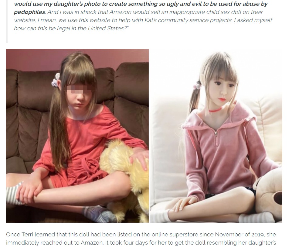 8歳娘の写真が「ラブドールのモデルにされた」と母親が訴える（画像は『Child Rescue Coalition　2020年8月31日付「A MOTHER’S STORY: DAUGHTER’S PHOTO STOLEN ＆ LIKENESS TURNED INTO A CHILD SEX DOLL」』のスクリーンショット）