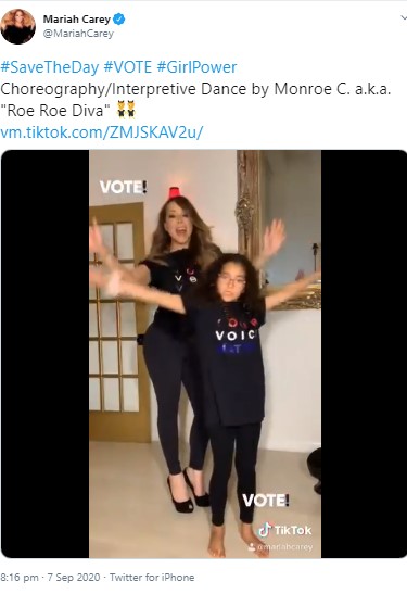 9歳の娘とのダンスを披露したマライア・キャリー（画像は『Mariah Carey　2020年9月7日付Twitter「＃SaveTheDay ＃VOTE ＃GirlPower Choreography/Interpretive Dance by Monroe C. a.k.a. “Roe Roe Diva”」』のスクリーンショット）