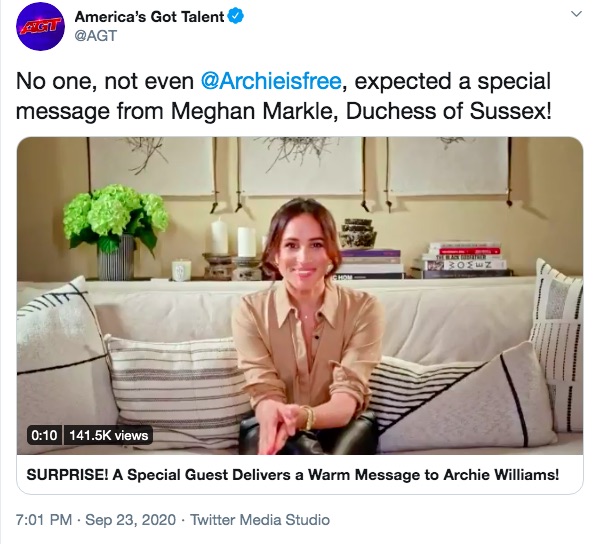 人気オーディション番組にサプライズ出演したメーガン妃（画像は『America’s Got Talent　2020年9月23日付Twitter「No one, not even ＠Archieisfree, expected a special message from Meghan Markle, Duchess of Sussex!」』のスクリーンショット）