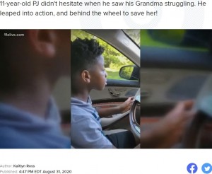 車を運転してみせるピージェー君（画像は『11Alive.com　2020年9月1日付「11-year-old jumps behind the wheel to save grandma suffering medical emergency」』のスクリーンショット）