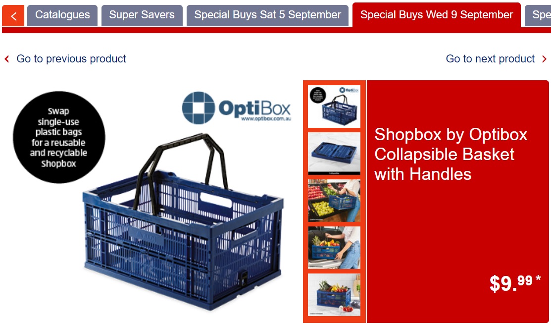 約770円で販売される買い物かご（画像は『ALDI Australia　「Shopbox by Optibox Collapsible Basket with Handles」』のスクリーンショット）