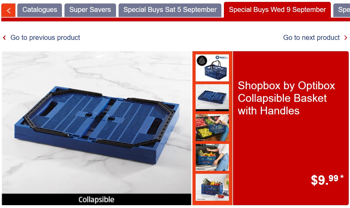 折り畳み可能な買い物かご（画像は『ALDI Australia　「Shopbox by Optibox Collapsible Basket with Handles」』のスクリーンショット）