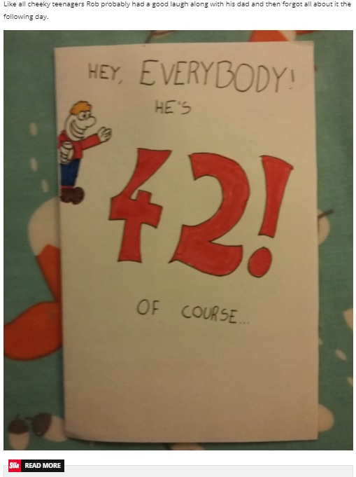 28年前にロブさんが父親に贈った誕生日カード（画像は『Daily Star　2020年9月11日付「Dad waits 28 years to get ultimate birthday revenge on his ‘sarcastic’ son」』のスクリーンショット）