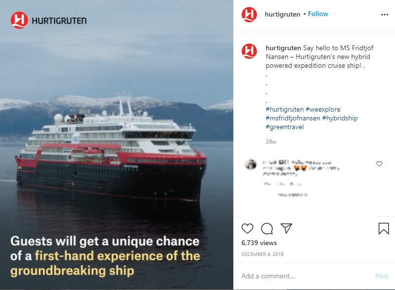 『ミッション：インポッシブル』の撮影陣が宿泊するハイブリッド客船「MSフリチョフ・ナンセン号」（画像は『Hurtigruten　2019年12月4日付Instagram「Say hello to MS Fridtjof Nansen － Hurtigruten’s new hybrid powered expedition cruise ship!」』のスクリーンショット）