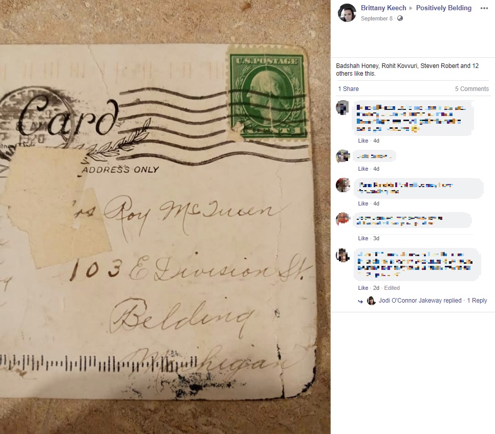 1920年10月29日の消印が押されたハガキ（画像は『Brittany Keech‎　2020年9月8日付Facebook「Ok so i received this in the mail today.」』のスクリーンショット）