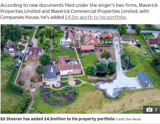 エドがサフォーク州に所有する“シーラン都市（Sheeranville）”。（画像は『The Sun　2020年9月22日付「ED’S HOMESTEAD Ed Sheeran’s vast property empire now worth £61m after snapping up new houses in lockdown」（Credit: Bav Media）』のスクリーンショット）