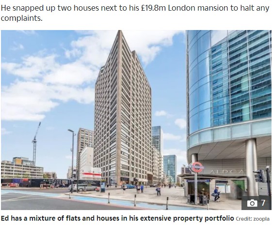 ロンドンには複数のマンションや一軒家を所有するエド（画像は『The Sun　2020年9月22日付「ED’S HOMESTEAD Ed Sheeran’s vast property empire now worth £61m after snapping up new houses in lockdown」（Credit: zoopla）』のスクリーンショット）