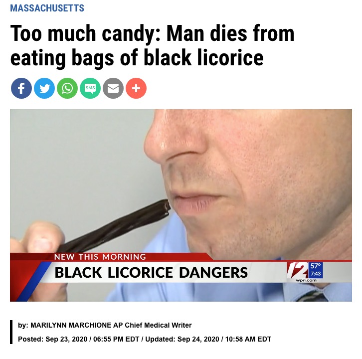 ソフトキャンディー「リコリス」の食べ過ぎで男性が死亡（画像は『WPRI.com　2020年9月24日付「Too much candy: Man dies from eating bags of black licorice」』のスクリーンショット）