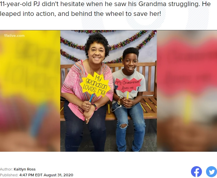 大好きな祖母を救った11歳の少年（画像は『11Alive.com　2020年9月1日付「11-year-old jumps behind the wheel to save grandma suffering medical emergency」』のスクリーンショット）