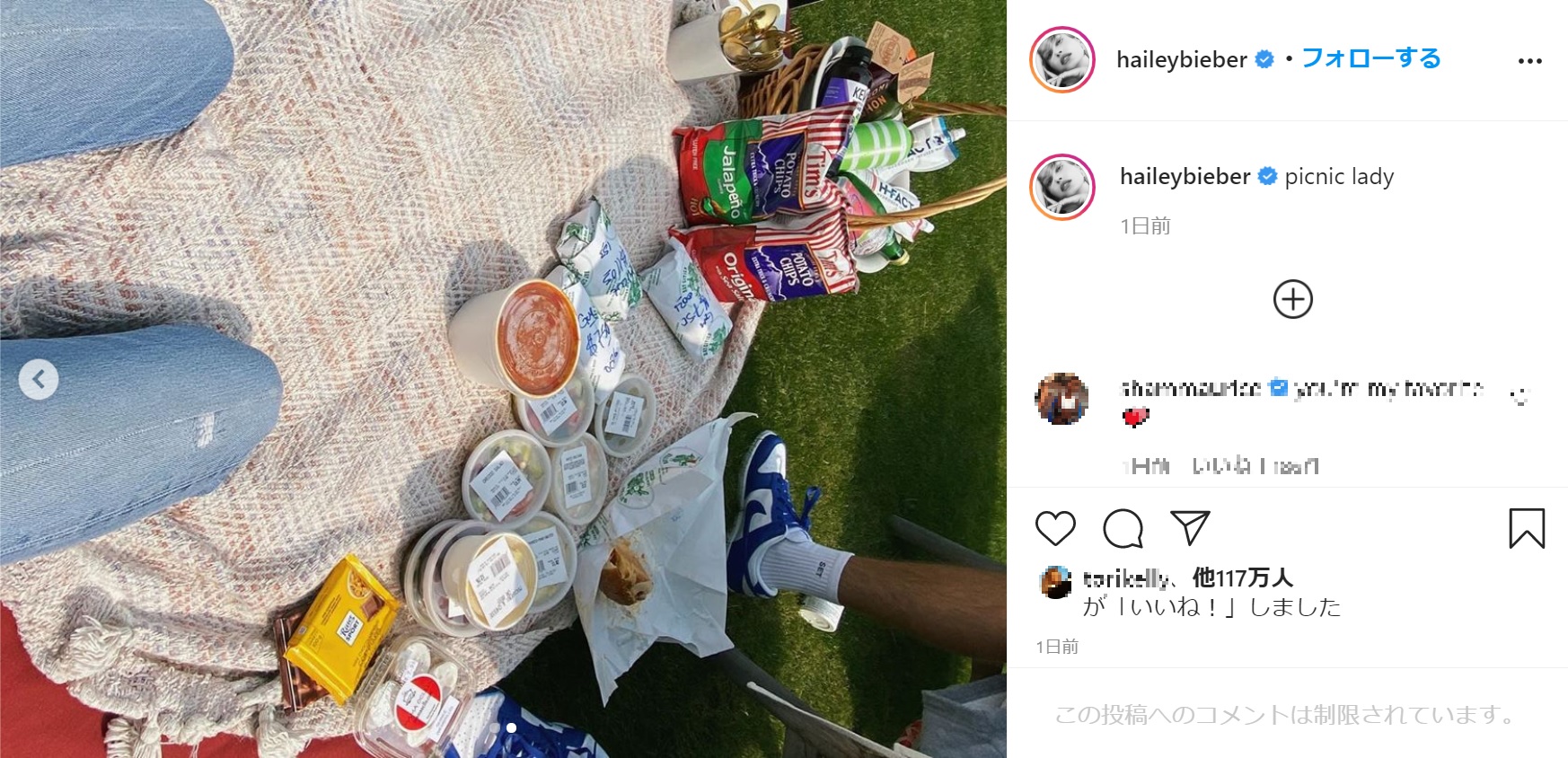 2人では食べきれない大量の食材を並べ、ピクニックを楽しんだジャスティン＆ヘイリー（画像は『Hailey Baldwin Bieber　2020年9月13日付Instagram「picnic lady」』のスクリーンショット）