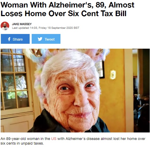 自宅を失う寸前だった89歳の女性（画像は『LADbible　2020年9月18日付「Woman With Alzheimer’s, 89, Almost Loses Home Over Six Cent Tax Bill」』のスクリーンショット）