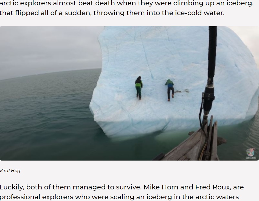 氷山に登る探検家の2人（画像は『Munchable　2020年9月23日付「Watch: Iceberg Flips Upside Down Throwing Explorers Into Arctic Waters」（Viral Hog）』のスクリーンショット）
