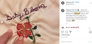ブランケットには「ベイビー・ブルーム」の刺繍が（画像は『KATY PERRY　2020年9月13日付Instagram「Miss adores her hand embroidered blankie from miss ＠taylorswift」』のスクリーンショット）