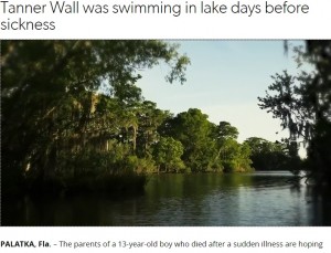 フロリダ州の湖（画像は『News4Jax　2020年9月8日付「Parents: Putnam County boy, 13, dies from brain-eating amoeba」（Special to WJXT）』のスクリーンショット）