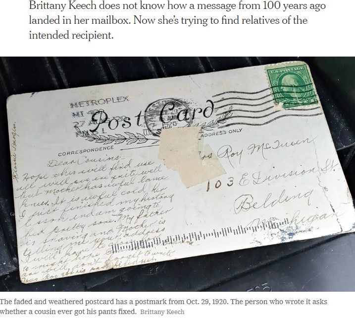 1920年に投函されたハガキ（画像は『The New York Times　2020年9月11日付「Dated 1920, a Postcard Finally Gets Delivered」（Brittany Keech）』のスクリーンショット）