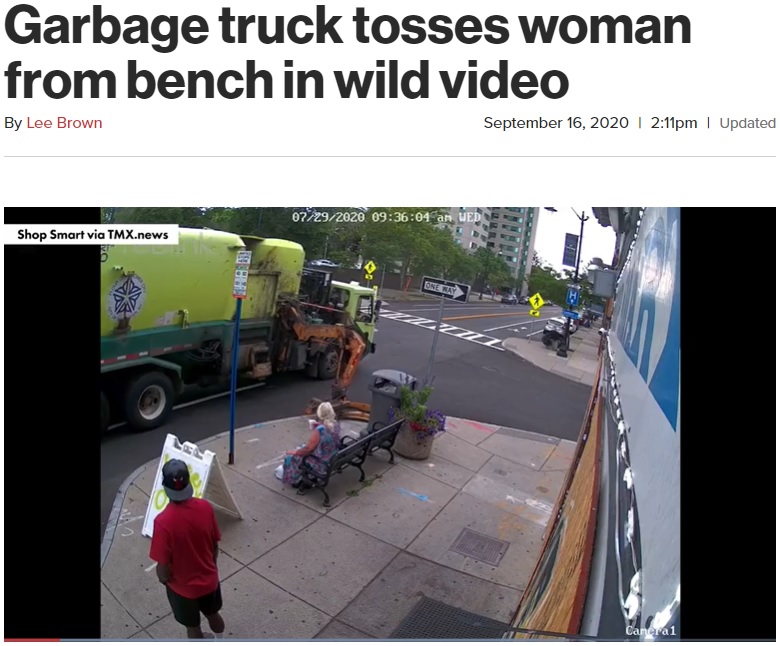 ベンチに座っていた女性に災難が…（画像は『New York Post　2020年9月16日付「Garbage truck tosses woman from bench in wild video」』のスクリーンショット）