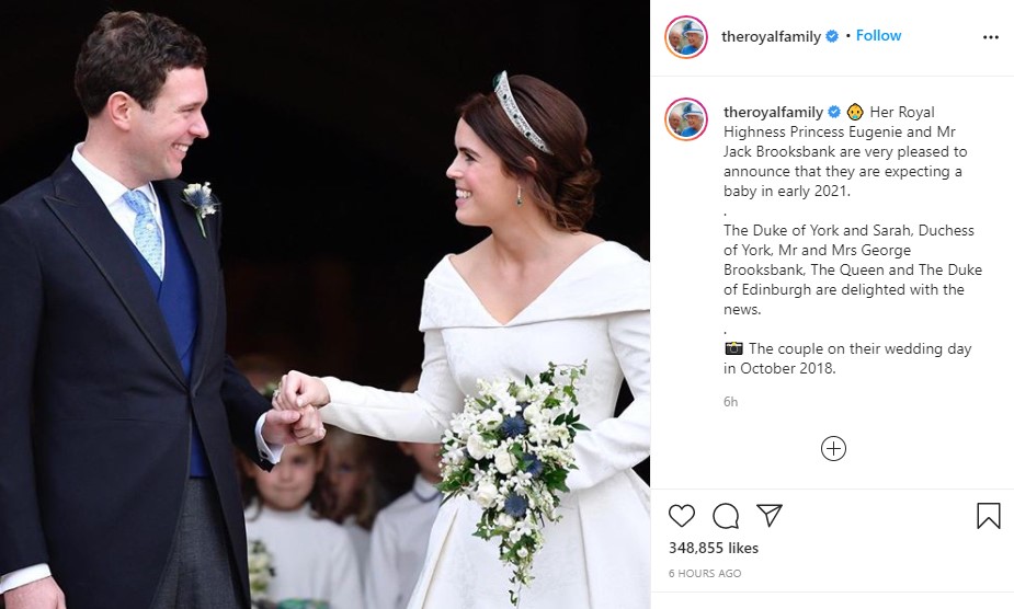 第1子妊娠が発表されたユージェニー王女と夫ジャック・ブルックスバンク氏（画像は『The Royal Family　2020年9月25日付Instagram「Her Royal Highness Princess Eugenie and Mr Jack Brooksbank are very pleased to announce that they are expecting a baby in early 2021.」』のスクリーンショット）