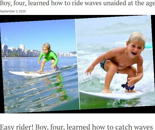 2歳からボードに乗っていた男児（画像は『Worldvoz.com　2020年9月3日付「Boy, four, learned how to ride waves unaided at the age of two」（＠dani_grubba/Jam Press）』のスクリーンショット）