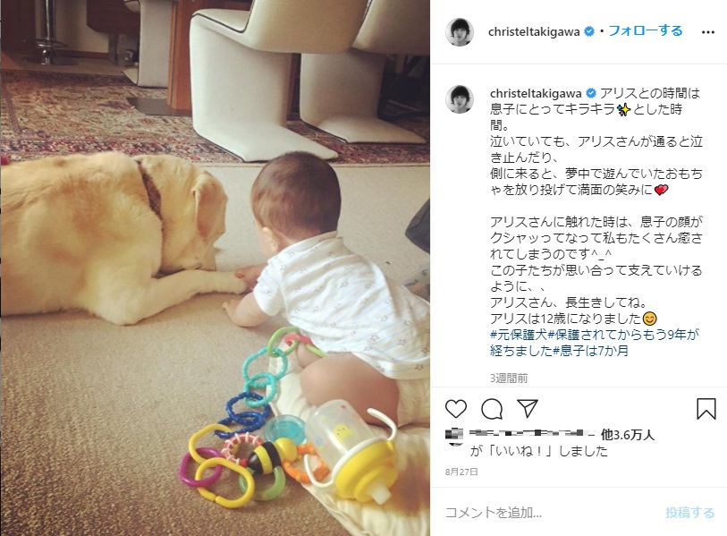 生後7か月の道之助くんと元保護犬アリス（画像は『滝川クリステル　2020年8月27日Instagram「アリスとの時間は息子にとってキラキラとした時間。」』のスクリーンショット）