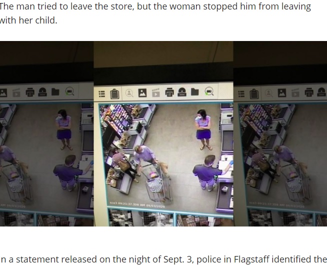 監視カメラが捉えたスーパー店内の様子（画像は『FOX 10 Phoenix　2020年9月4日付「PD: Man arrested, accused of trying to kidnap infant in self-checkout line at Flagstaff Bashas’」』のスクリーンショット）
