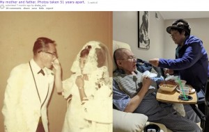 結婚式と51年後の夫婦（画像は『old.reddit.com　2020年2月6日付「My mother and father. Photos taken 51 years apart.」』のスクリーンショット）