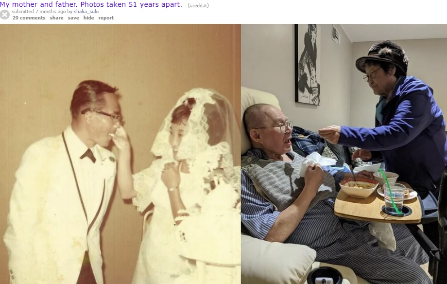 結婚式と51年後の夫婦（画像は『old.reddit.com　2020年2月6日付「My mother and father. Photos taken 51 years apart.」』のスクリーンショット）