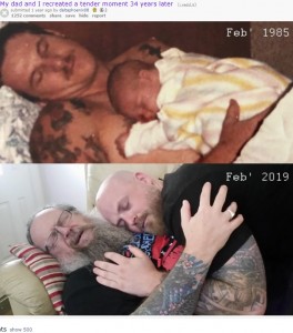 1985年と同じポーズで34年後に撮影した父と息子（画像は『old.reddit.com　2019年2月3日付「My dad and I recreated a tender moment 34 years later」』のスクリーンショット）