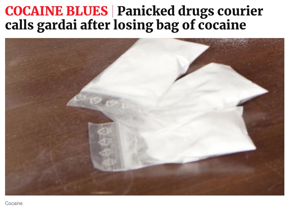 薬物を運んでいた男、通報せずとも逮捕される運命だった（画像は『Sunday World　2020年10月22日付「COCAINE BLUES Panicked drugs courier calls gardai after losing bag of cocaine」』のスクリーンショット）