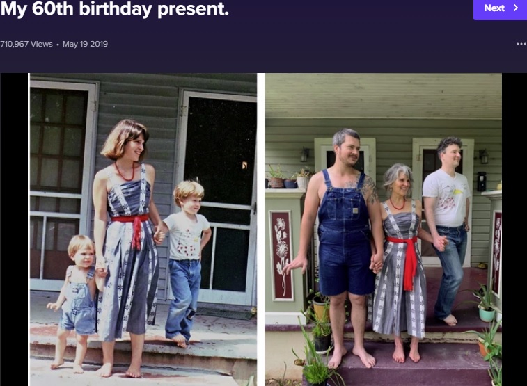 1985年の母子の写真を34年後に再現（画像は『imgur.com　2019年5月19日付「My 60th birthday present.」』のスクリーンショット）