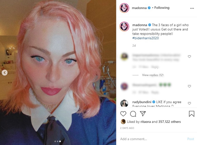 マドンナに「顔変わりすぎ！」の声も（画像は『Madonna　2020年10月11日付Instagram「The 3 faces of a girl who just Voted!!」』のスクリーンショット）
