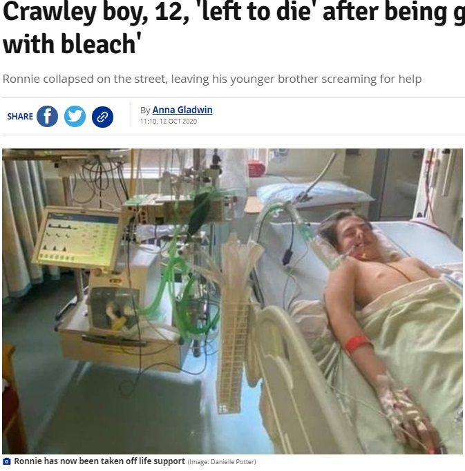友人の悪戯によって入院した12歳少年（画像は『SussexLive　2020年10月12日付「Crawley boy, 12, ‘left to die’ after being given drink ‘mixed with bleach’」（Image: Danielle Potter）』のスクリーンショット）