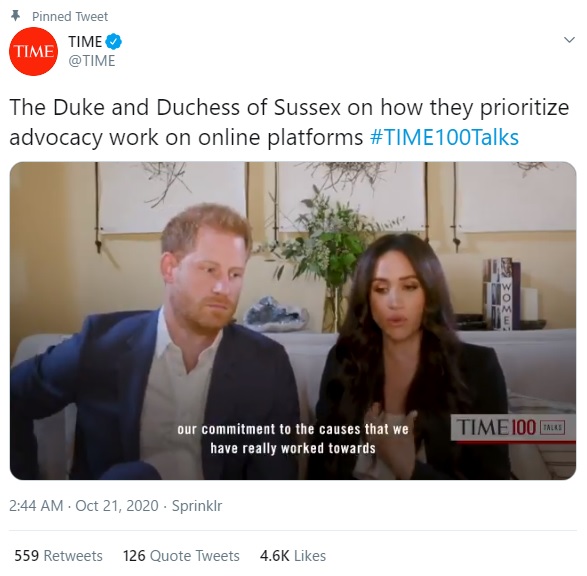 “デジタル社会”をテーマに議論したヘンリー王子夫妻（画像は『TIME　2020年10月20日付Twitter「The Duke and Duchess of Sussex on how they prioritize advocacy work on online platforms ＃TIME100Talks」』のスクリーンショット）