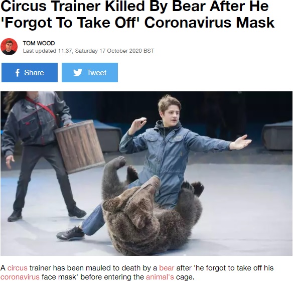 サーカスで活躍していたクマと調教師（画像は『LADbible　2020年10月17日付「Circus Trainer Killed By Bear After He ‘Forgot To Take Off’ Coronavirus Mask」（Credit: East2West News）』のスクリーンショット）