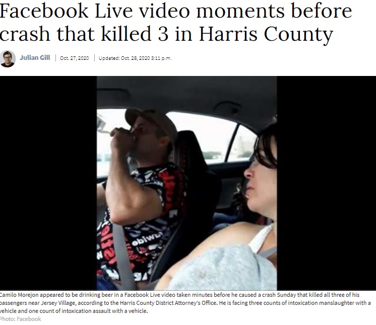ライブ配信されていた飲酒運転の様子（画像は『Houston Chronicle　2020年10月28日付「Suspect seen drinking beer on Facebook Live video moments before crash that killed 3 in Harris County」（Photo: Facebook）』のスクリーンショット）