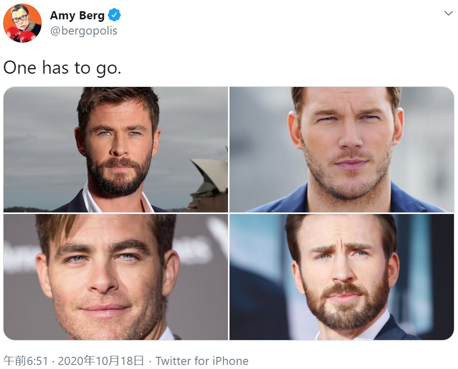 4人の“クリス”を並べたエイミー・バーグの投稿（画像は『Amy Berg　2020年10月18日付Twitter「One has to go.」』のスクリーンショット）